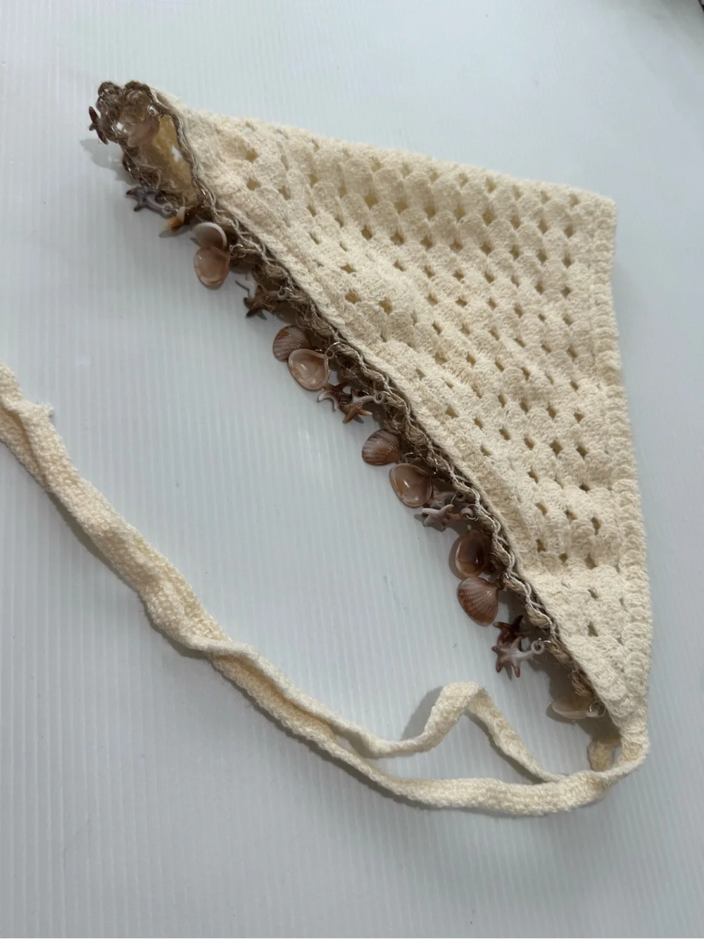 Boho Coastal Crochet Triangle Head Scarf Shell Charm Bandana Cream Beachcore